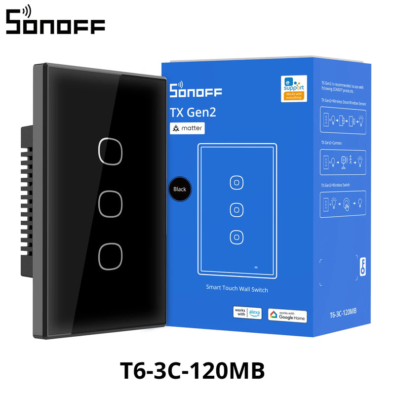 SONOFF T6 120 1/2/3 Gang Black TX Gen2 Matter Smart Touch Wall Switch Detach Relay Mode Night Switch Works with Alexa Apple Home