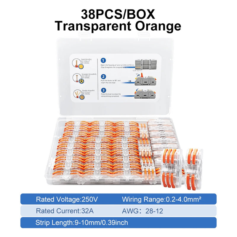 TOMZN 38PCS Lever Wire Connectors Set 28PCS 2In 2Out 10PCS 3In 3Out Quick Splicing Terminal Blocks 32A 250V for 28-12AWG