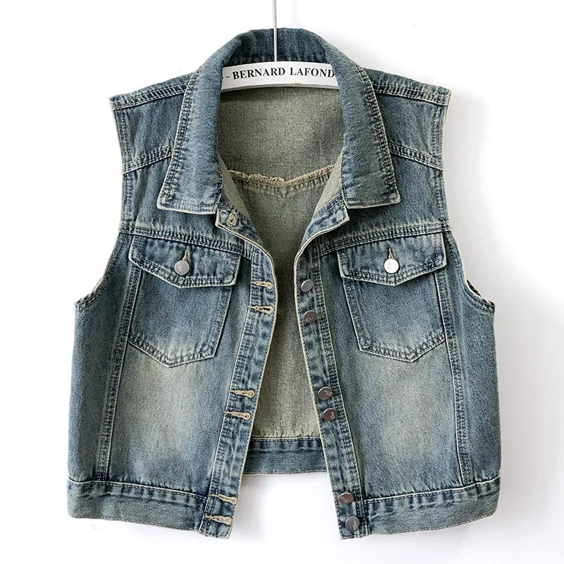 Hong Kong Style Retro Denim Vest Women's Short Tops Spring Autumn Korean Thin Sleeveless Jackets Ladies Waistcoat Chalecos Traf