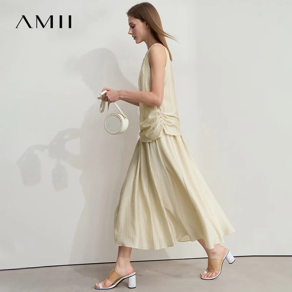 រ៉ូប Amii Minimalist សាមញ្ញ មានខ្យល់ចេញចូលបាន រលុង 2025 រដូវក្តៅ ថ្ងៃឈប់សម្រាក ដៃអាវរមួល ផ្នត់ រ៉ូបការិយាល័យ សម្រាប់នារី 12542173