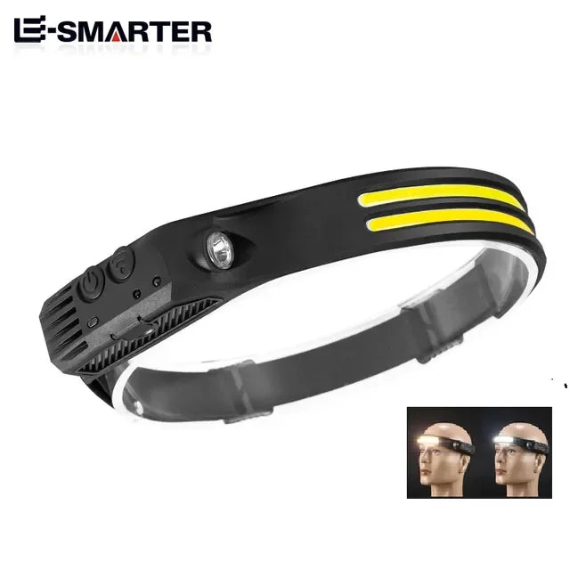 ពិលក្បាលដែលអាចសាកបានដោយ USB ចង្កៀងមុខប្រភេទ Induction COB LED ចង្កៀងក្បាលប្រភេទ Sensor មានថ្មភ្ជាប់មកស្រាប់ ពិលភ្លើង 5 របៀបបំភ្លឺ ចង្កៀងមុខ