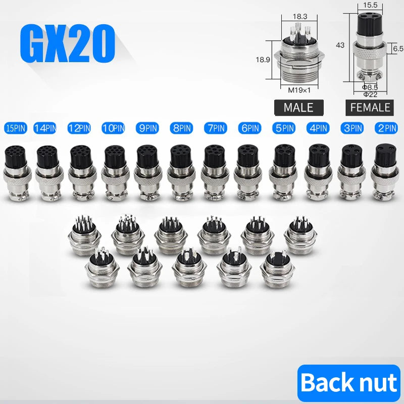 5/10/20Set GX12 GX16 GX20 2 3 4 5 6 7 8 9 10 12 14 15 Pin Male&Female Docking Aviator Aviation Plug Rear Nut Socket Connector