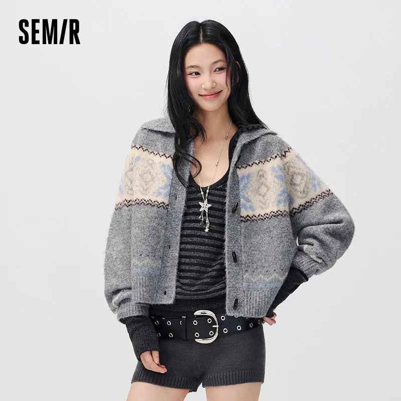 Semir Women Knit Cardigan Geometric Jacquard Loose Fit Raglan Sleeve Vintage Style 2026 New Winter Daily Wear Everyday Wardrobe