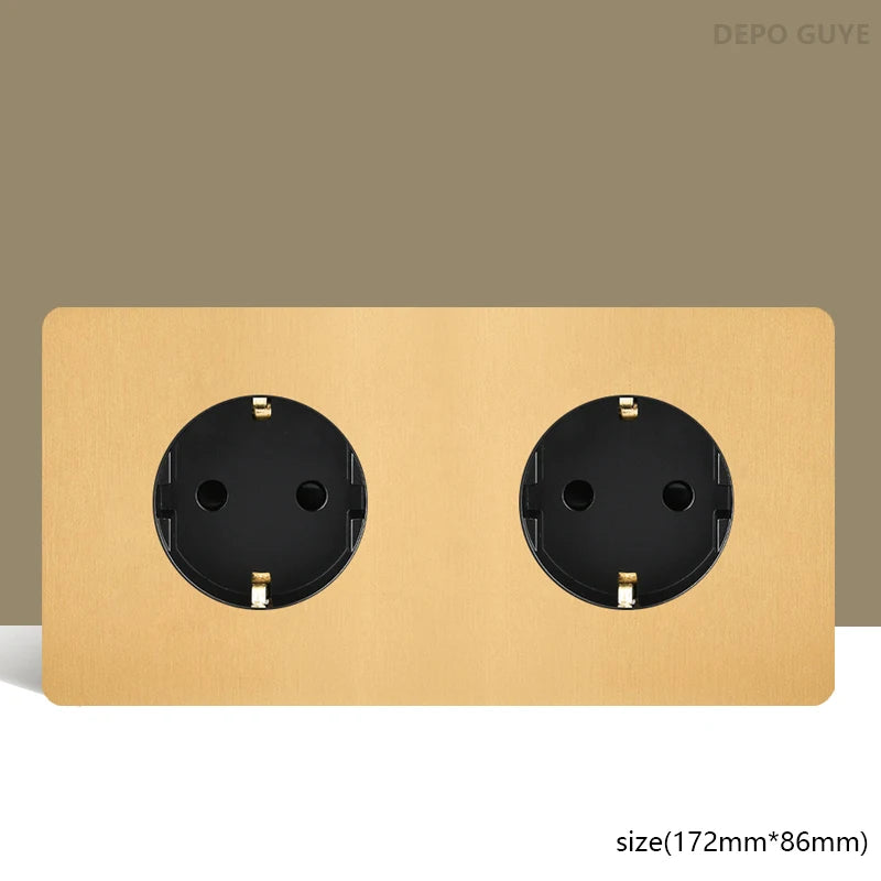 Retro Wall Light Toggle Switch Dual EU FR Socket Gold Stainless Steel Brushed Panel  Vintage Brass Lever For Home Improvement