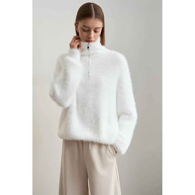 Amii 2026 Winter Women's Clothing Turtleneck Zipper Mink Sweater Winter Loose Shoulder Sleeve Pullovers Knitted Tops 12444250