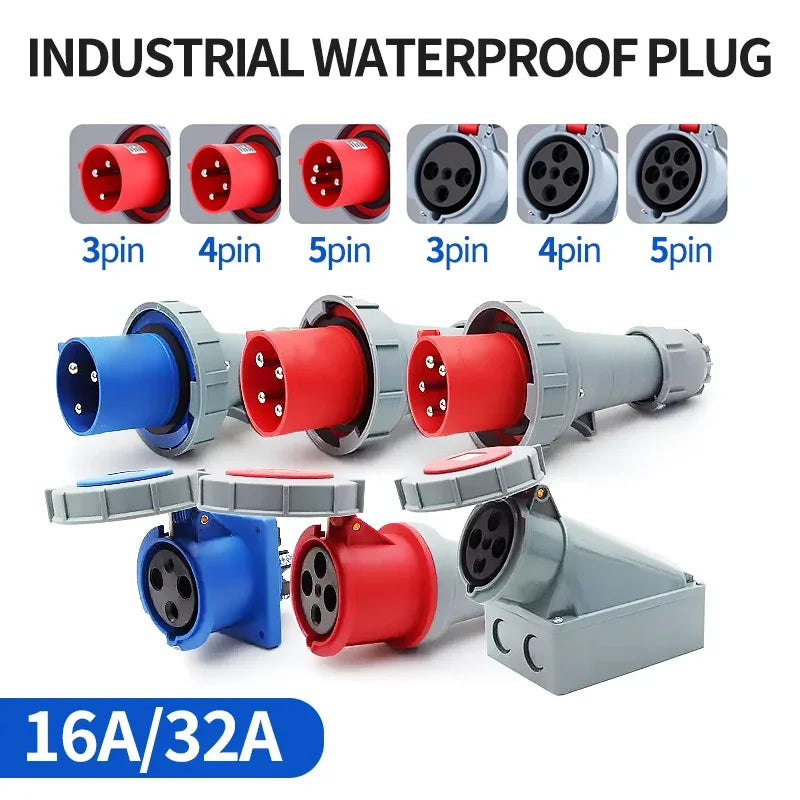 MALE FEMALE IP44 IP67 Industrial Plug and Socket Waterproof Connector 3P 4P 5PIN 16A/32A Electrical Connection Wall Mount Socket