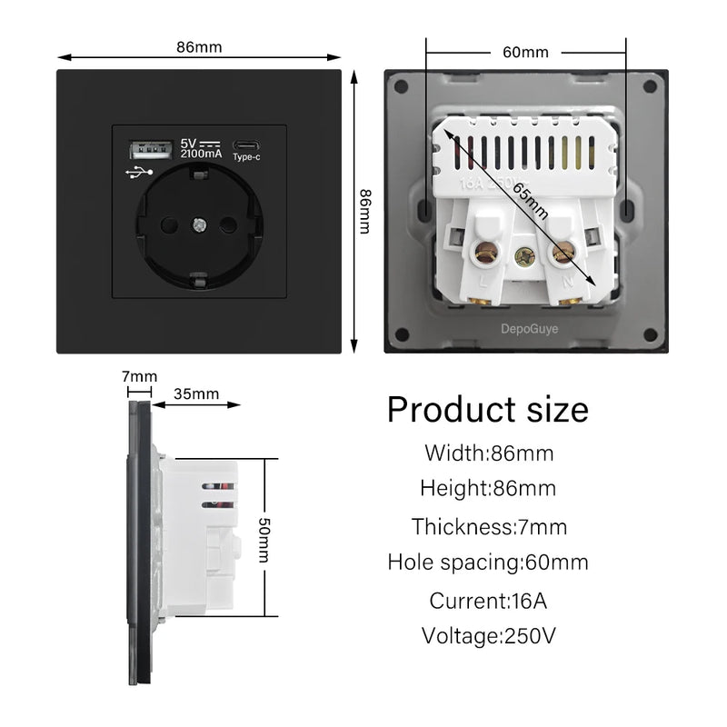 EU Standard Double USB Wall Power Socket,Electrical Socket Wall Plug with Type-c Usb Fast Charing Port 16A PC Panel Outlet 220V