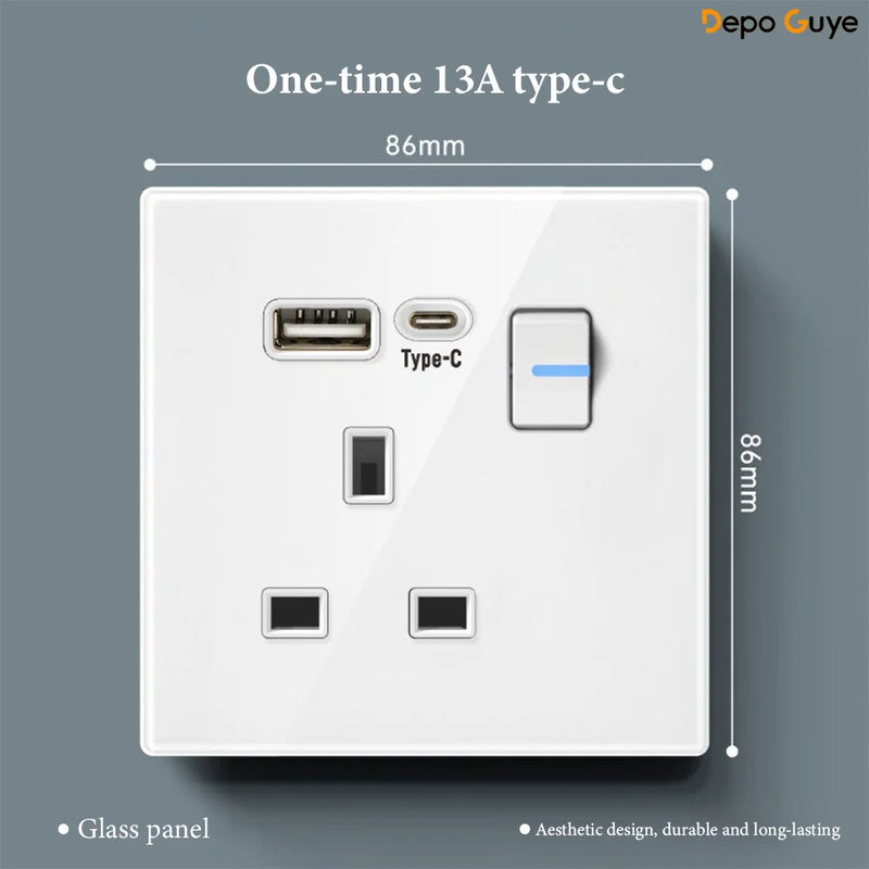 White UK 230V Tempered Glass Touch Light Switch Socket LED Wall Panel Smart Home Switches Socket Manufacturer Wholesale Supplier