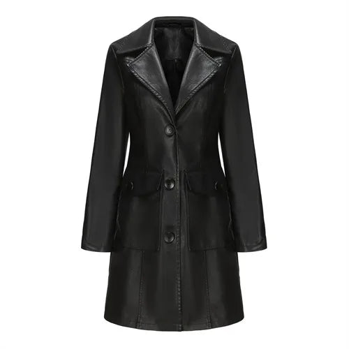 Women's Red Long Waist Lace-up Leather Jacket,2026 New Black Lapel PU Windbreaker Jacket Fashion Female Single-breasted Overcoat