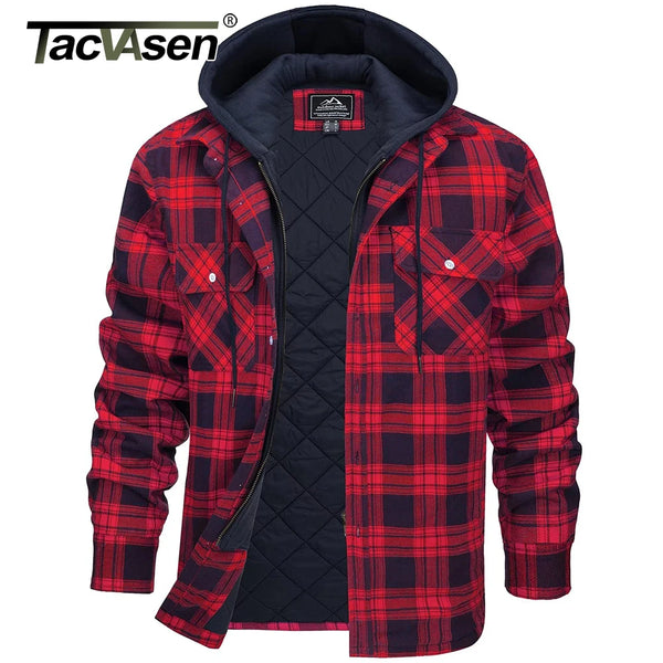 TACVASEN Men's Flannel Shirt Jacket with Removable Hood Plaid Quilted Lined Winter Coats Thick Hoodie Outwear Man Fleece Shirts