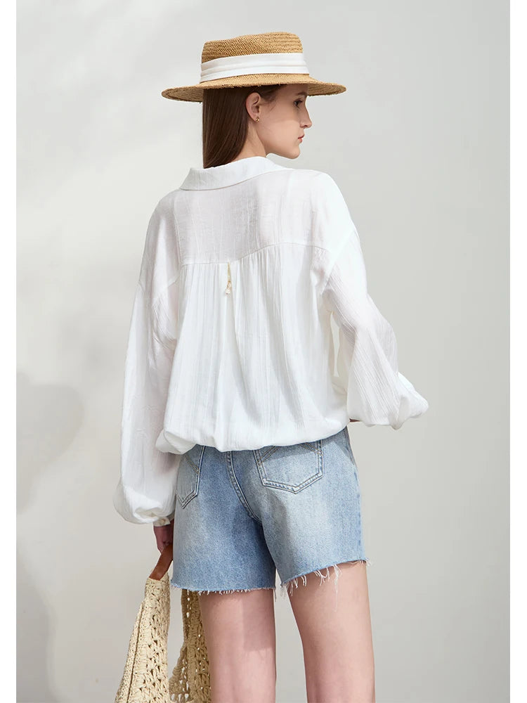អាវ AMII Minimalist Chiffon សម្រាប់នារី រដូវស្លឹកឈើជ្រុះឆ្នាំ ២០២៦ ថ្មី ធម្មតា អក្សរសាស្ត្រ Lapel V-Neck ដៃអាវរាងចង្កៀង អាវរលុង 12541132