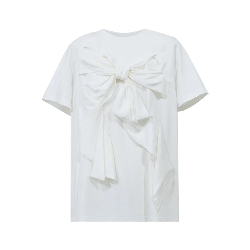 Amii Women Round Neck Black Pure Cotton T-Shirt Casual Short Sleeve Loose Fit Tee 3D Bow Applique Top 2026 Summer New 12642127