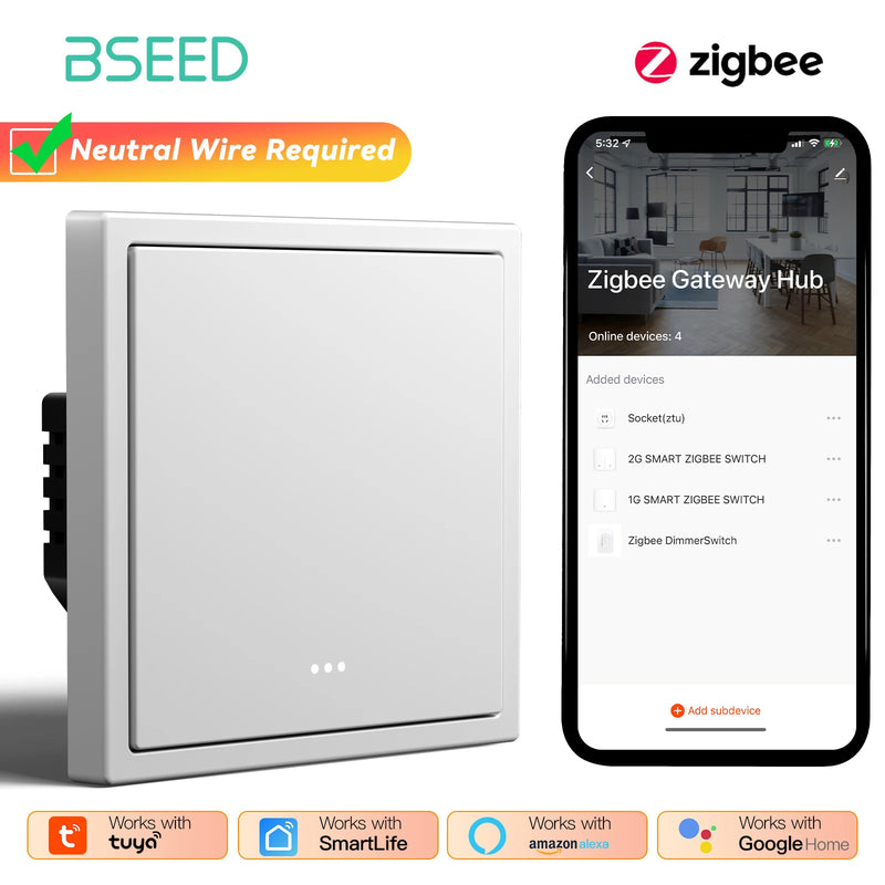 BSEED Zigbee Click Light Switch 1/2/3/4Gang Smart Button Switch Plastic Frame Tuya Smart Life Alexa Control Need Neutral Line