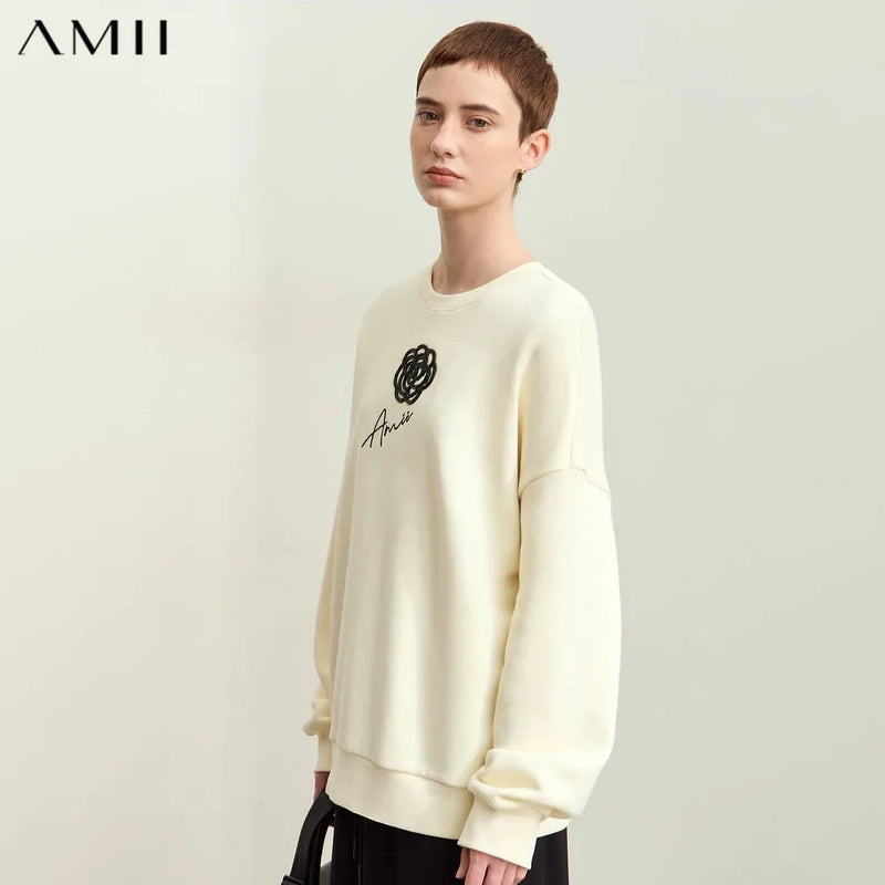 Amii Minimalism 2026 New Autumn Cotton Brushed Sweatshirt For Women O-neck Rose Embroidery Drop Sleeve Trendy Pullovers 12413003
