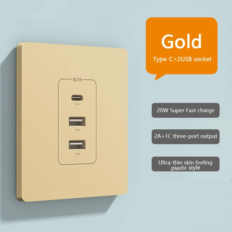Universal 20W Super Fast Smart Charge Type C USB Port Glass Plastic Power Wall Socket Plug,Quick Charge Adapter Dual USB Socket