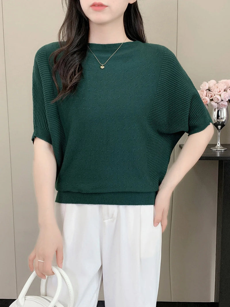 Bat-sleeved Knitted Sweater Women's One-word Collar Top Thin Spring Summer Pullover Shirt Ladies Jumper Pull Femme Knitwear