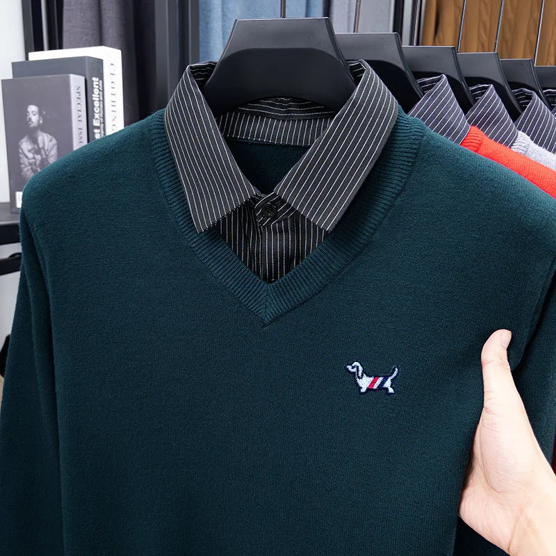 Trend Man False Two-Piece Long-Sleeved Knitwear Striped Dog Embroidery Autumn Winter New Pullover Casual Versatile Men'sClothing