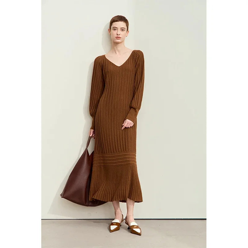 រ៉ូប Amii Minimalism រដូវស្លឹកឈើជ្រុះឆ្នាំ ២០២៦ សម្រាប់ស្ត្រី រ៉ូបថ្មីឆើតឆាយធម្មតា V-neck ដៃអាវរាងចង្កៀង រ៉ូបប៉ាក់ខ្ជិល 12443091