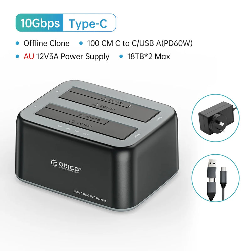 ORICO Hard Drive Docking Station 2.5/3.5 Inch SATA to Type-C USB3.2 10Gbps Gen2 HDD Case with Offline Clone 12V3A Power Supply