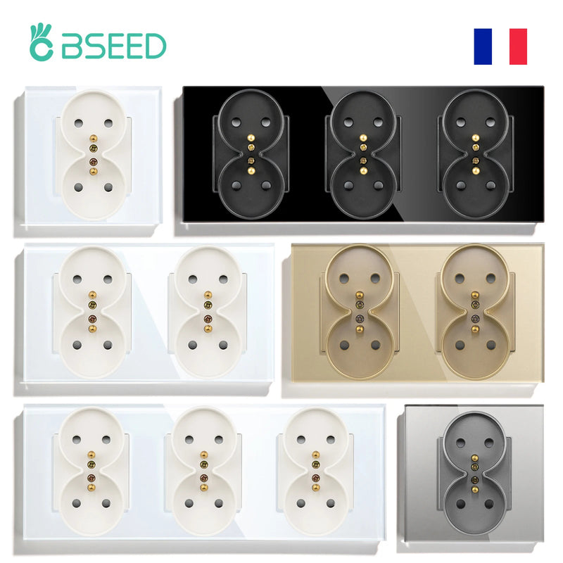 BSEED French Standard Single Wall Power Sockets Double Sockets Dual Electrical Outlets Glass Panel Children Protection 16A