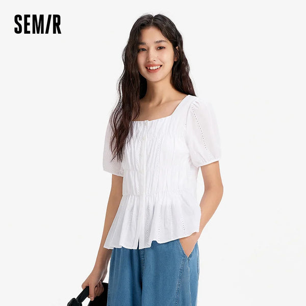 អាវស្ត្រី Semir ឆ្នាំ ២០២៦ ដៃខ្លីកការ៉េដៃប៉ោង កប្បាសស្តើង រចនាបថឆើតឆាយ ទន់ ស្រួលពាក់ប្រចាំថ្ងៃ