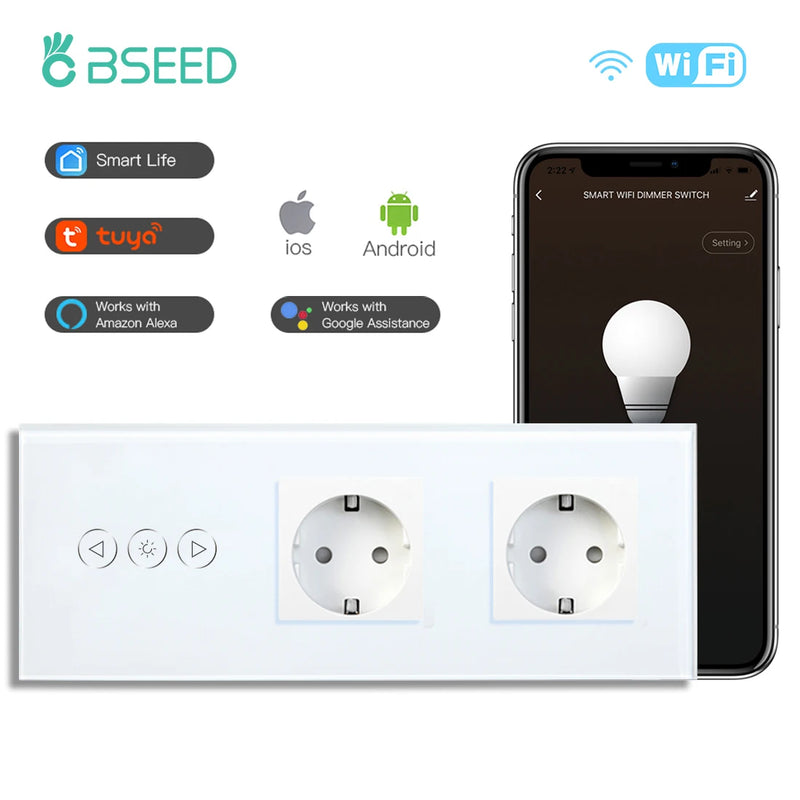 BSEED Wifi Dimmer Switch Smart Dimmable Touch Switch With EU Socket Glass Panel Support Tuya Smart Life Google Home Control