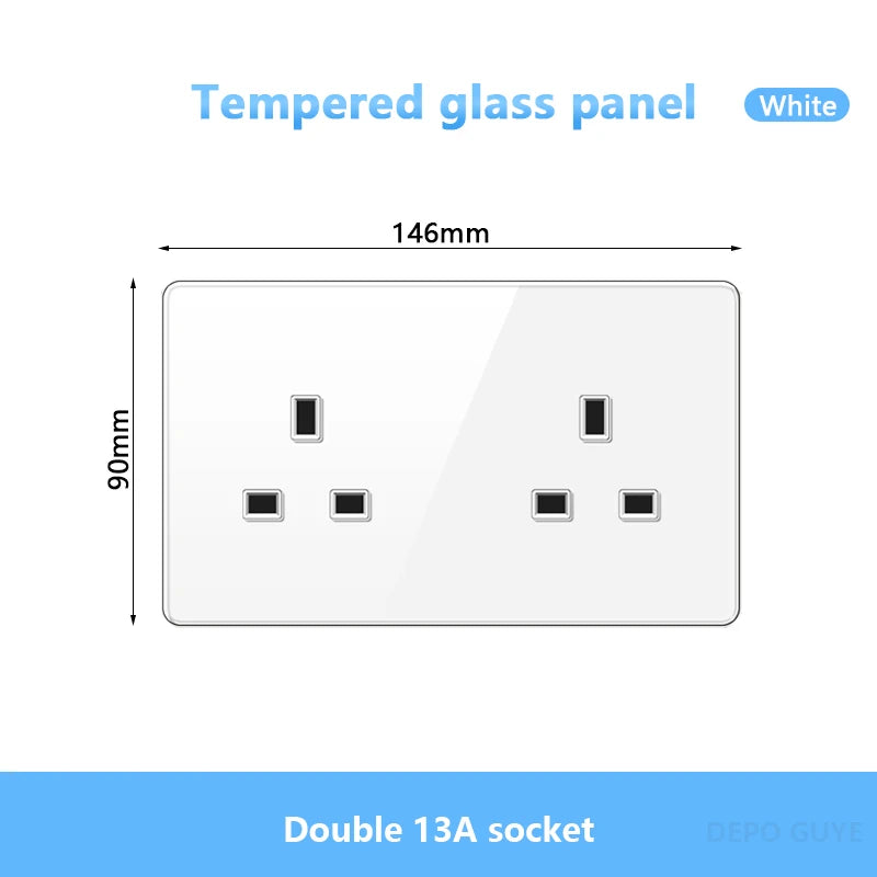 UK 13A Wall Tempered glass Socket Plug,British Standard Double 13A Wall Electrical Power Outlet Panel Black/White/Gray/Glod