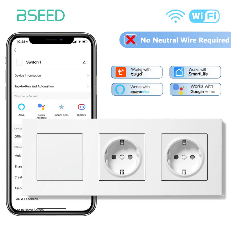 BSEED 1/2/3Gang 2Way WIFI Light Switch Smart Click Switch With EU Wall Socket Plastic Frame Tuya Smart Life No Neutral Line