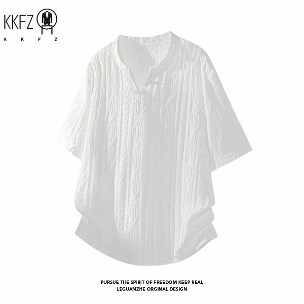 Male Lightweight Hollow Jacquard Short Sleeve Shirt V Notch Henley Neck Oversized Fit For Travel And Casual Outing