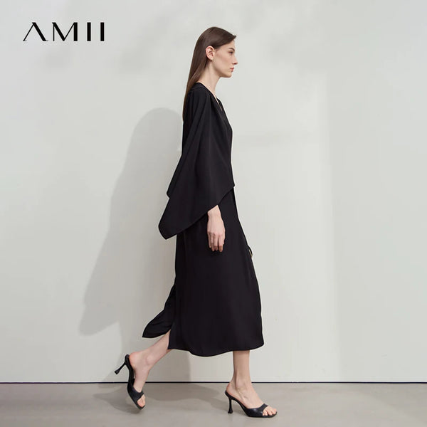 AMII Minimalis រ៉ូបរដូវក្តៅឆ្នាំ ២០២៦ រ៉ូបក V រាងមិនស្មើគ្នាសម្រាប់នារីថ្មី រ៉ូបវែងពណ៌ខ្មៅសិចស៊ីសម្រាប់ថ្ងៃឈប់សម្រាក 12552051