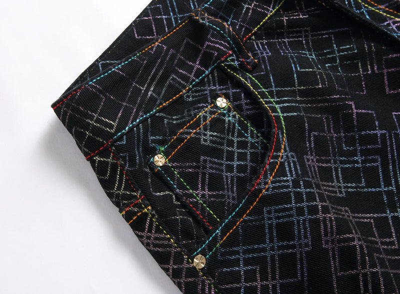 Men's Black Jeans for Spring and Fall, Checkered Print Pants, Stylish Casual Trousers, Asian Sizes 28–42.