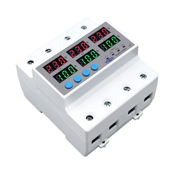 TOMZN 100A 3Phase Din Rail Voltmeter Ammeter Adjustable Over and Under Voltage Current Limit Protection Monitor Relays Protector