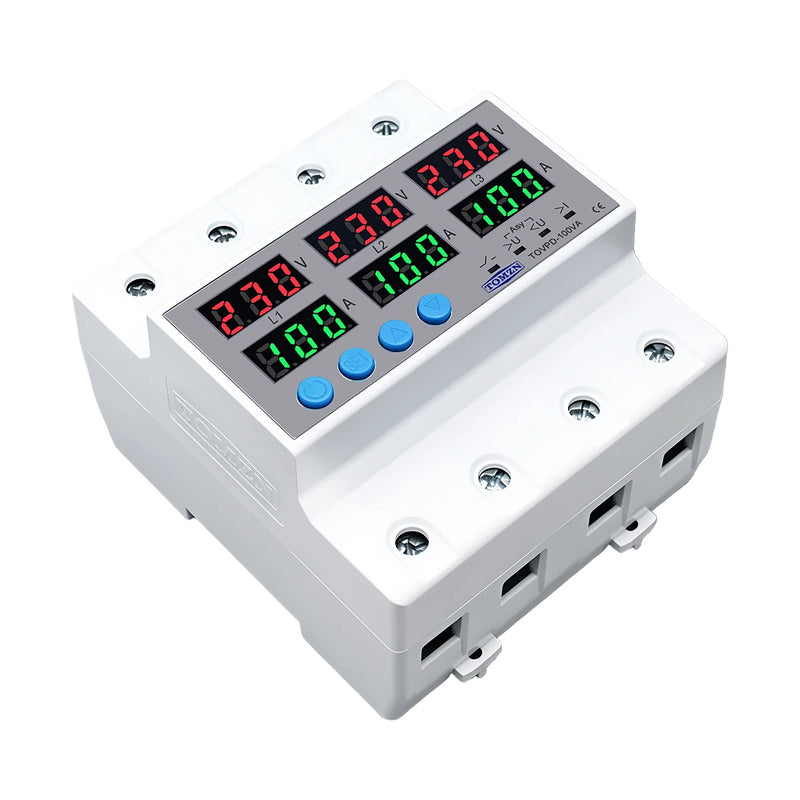 TOMZN 100A 3Phase Din Rail Voltmeter Ammeter Adjustable Over and Under Voltage Current Limit Protection Monitor Relays Protector