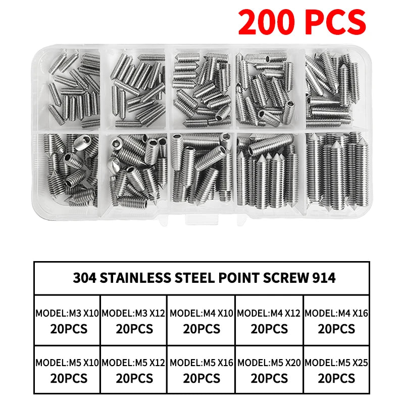 DIN914 304 -Stainless Steel Hex Socket Point Grub Screws M3 M4 M5 M6 M8 M10 Assortment Kit - High Hardness Fasteners Set