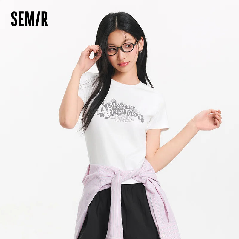 Semir Womens Tshirt 2026 Vintage Washed Printed Slim Regular Shoulder Retro American Style Casual Soft