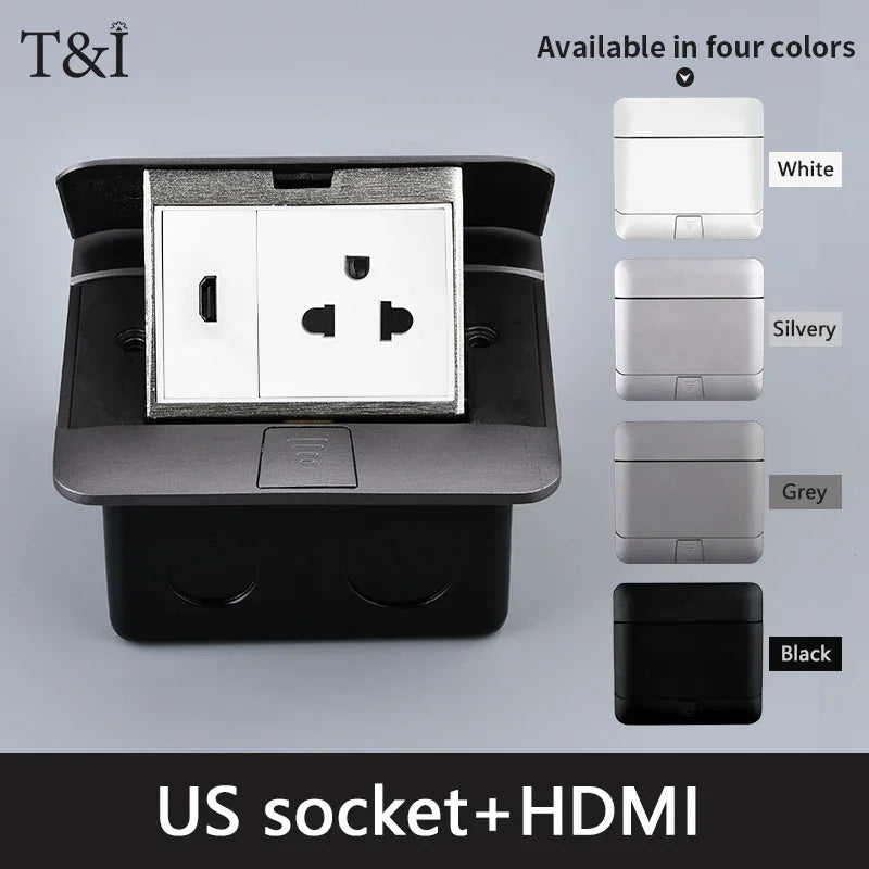 Metal Panel EU Standard Hidden Type Table Socket 2/3 Way Outlet USB/EUR/Universal/FR Office Cabinet Desktop Aluminum 120x120mm