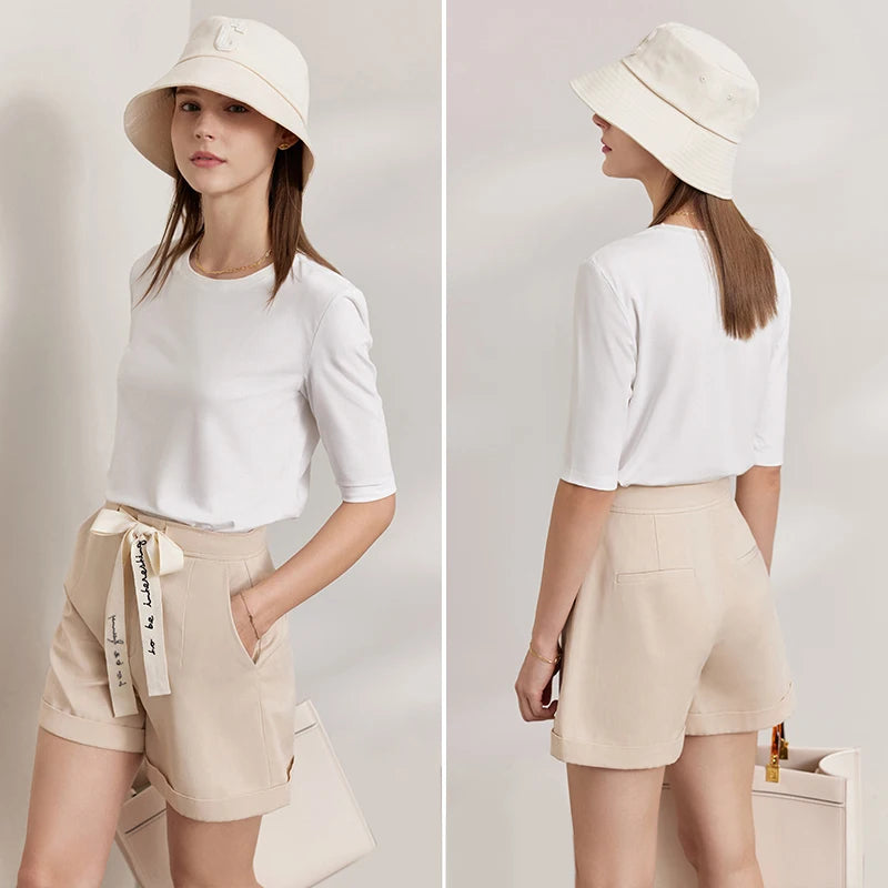 អាវយឺត AMII Minimalism រដូវស្លឹកឈើជ្រុះឆ្នាំ ២០២៤ សម្រាប់ស្ត្រី អាវកប្បាសថ្មី លាតពាក់កណ្តាលដៃ ត្រង់ មូលដ្ឋានរឹង អាវការិយាល័យនារី 12412016