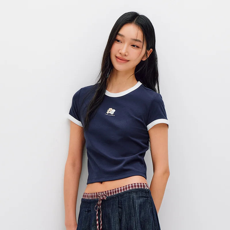 Semir Women Tshirt Cropped Slim Contrast Short Sleeve Summer 2026 Casual Graphic Print Everyday Fashion Top Tee