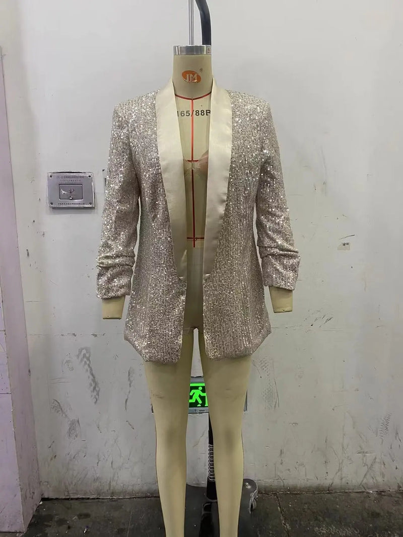 New Arrivals: Apricot-colored Women's Long-sleeve Cardigan; Jacket with Gold Circular Sequin Embellishments.