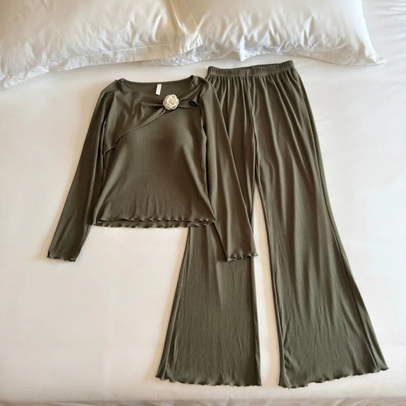 Women's Pajamas 2 Piece Sets Female Clothing Chest Pads 2026 New Long Sleeve Home Suit for Women Nightwear Comfort for Homewear