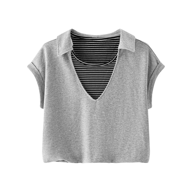 Semir Womens Polo 2026 Short Striped Patchwork Fake Two Piece Ruffle Loose Raglan Sleeve Casual Soft