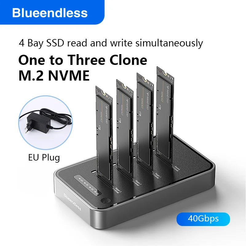 ស្ថានីយ៍ចត SSD M.2 NVME 4 Bay របស់ Blueendless ជាមួយនឹង Offline Clone USB4 40Gbps M2 Nvme PCIE SSD Enclosure External Harddisk Case