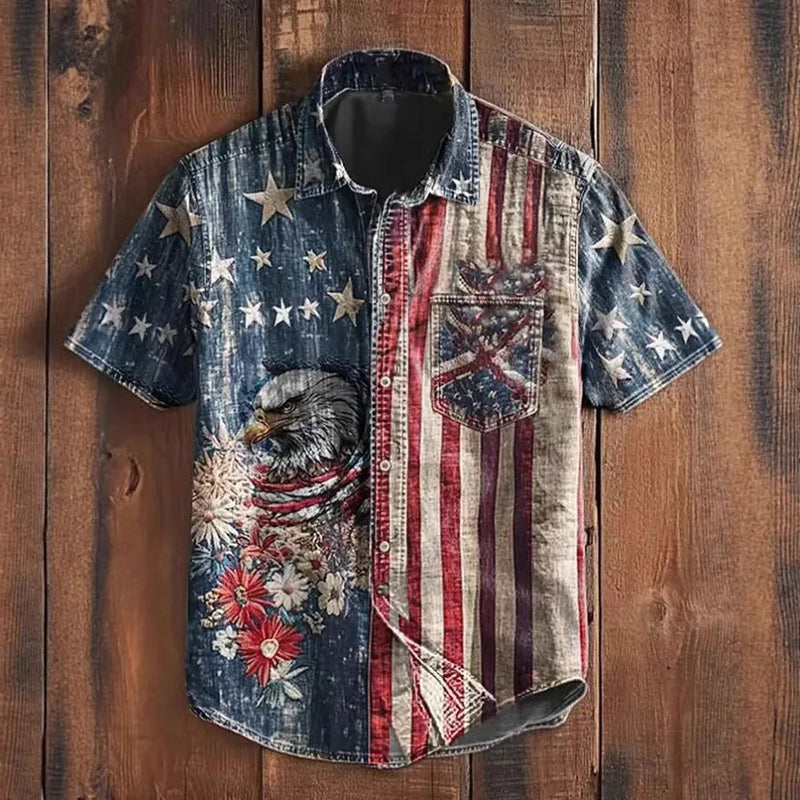 European and American Retro-Style Men's Short-Sleeve Printed Shirts, Summer Single-Breasted Collared Shirt, Sizes S–XXXL.