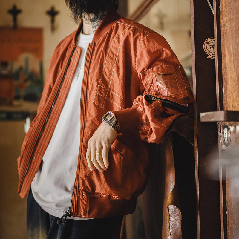 Maden Men‘s Vintage MA-1 Bomber Jacket Red Lightweight Pilot Coat with Zipper Classic Baseball Style Jacket for Spring Autumn
