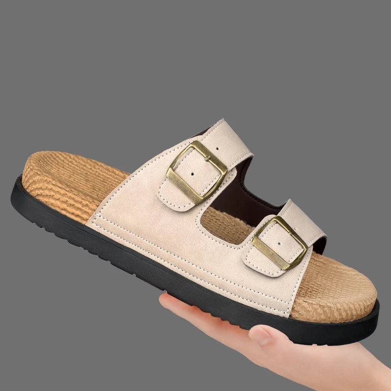 Summer Mens Adjustable Slippers Men Leather Slides Thick Soles Bottom Platform Slippers Sandals Soft Comfortable