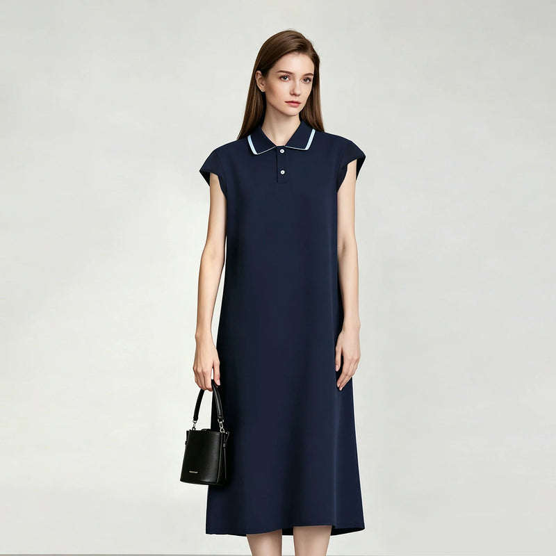 Amii Womens Dresses 2026 Summer New Color Block Contrast Lapel Air Layer Knitted Casual Loose Fit Midi Women's Dress 12622166