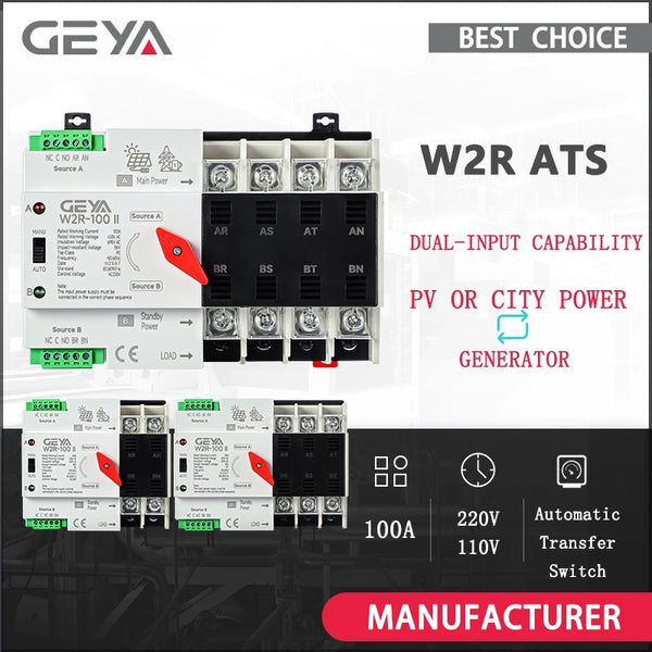 GEYA PV សូឡា ឬ ថាមពលទីក្រុង ATS 110V 220V PC កុងតាក់ផ្ទេរដោយស្វ័យប្រវត្តិថាមពលពីរ 100A ថាមពលមិនមានការរំខាន Mini ATS
