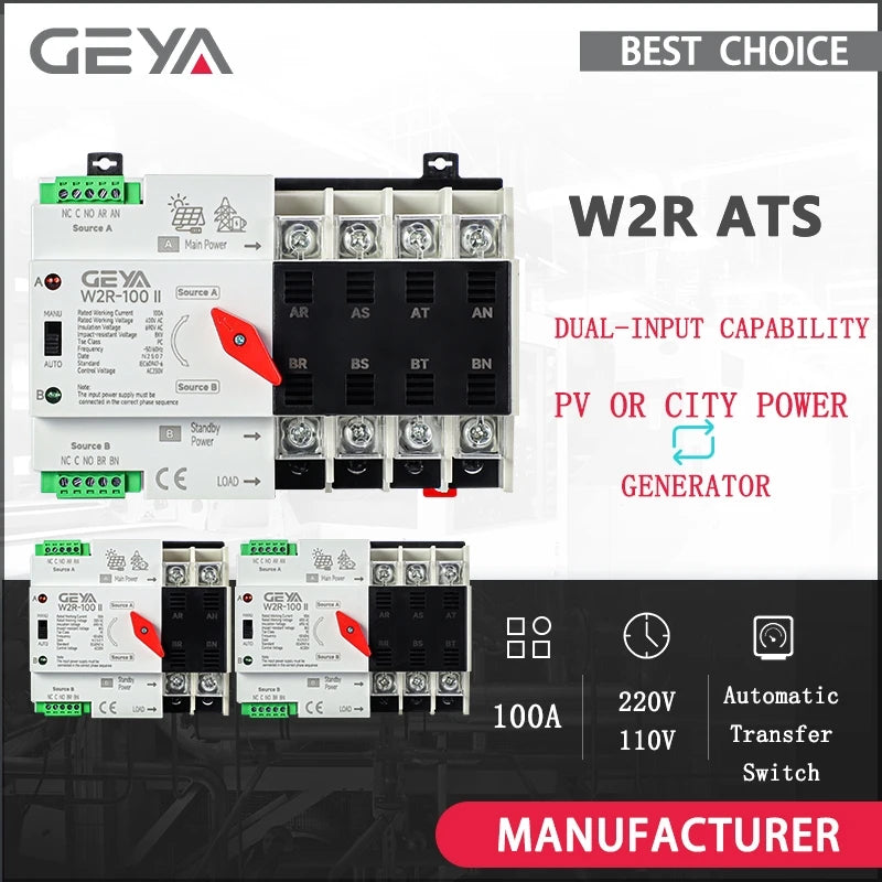 GEYA PV សូឡា ឬ ថាមពលទីក្រុង ATS 110V 220V PC កុងតាក់ផ្ទេរដោយស្វ័យប្រវត្តិថាមពលពីរ 100A ថាមពលមិនមានការរំខាន Mini ATS
