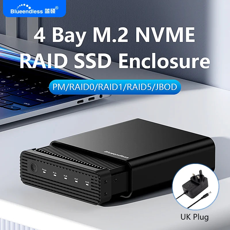 ប្រអប់ ដាក់ ថាស SSD ខាងក្រៅ M2 4-Bay USB4 របស់ Blueendless M.2 NVME 40Gbps M.2 NVME RAID PM/RAID 0/RAID 1/RAID 5/JBOD SSD