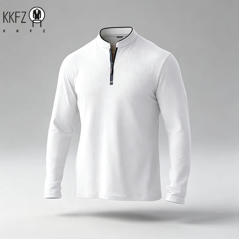 Men Regular Fit Half Zip Long Sleeve Shirt Stand Collar Skin���Friendly Fabric For Street Style And Office Daily Commute